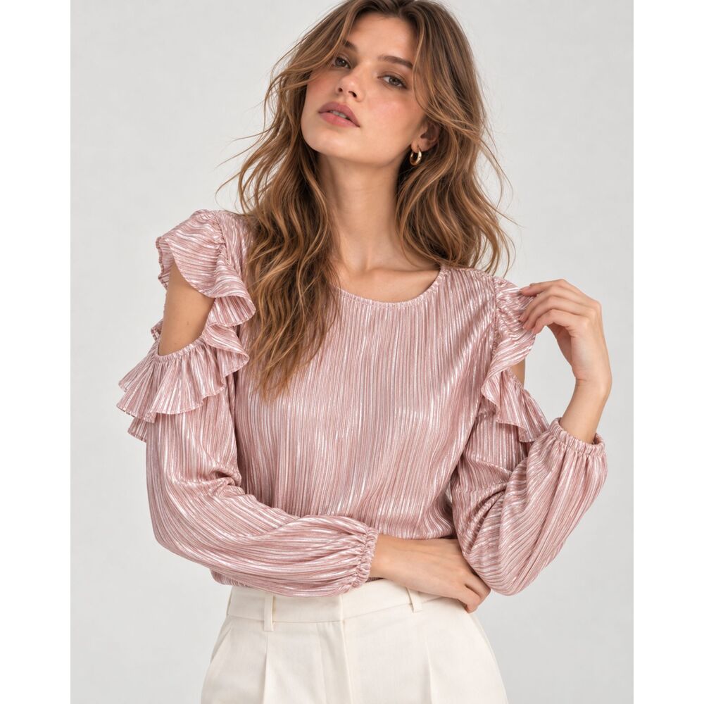 Blush Pink Pleated Ruffle Sleeve Blouse M Coquette Romantic Feminine Party Top